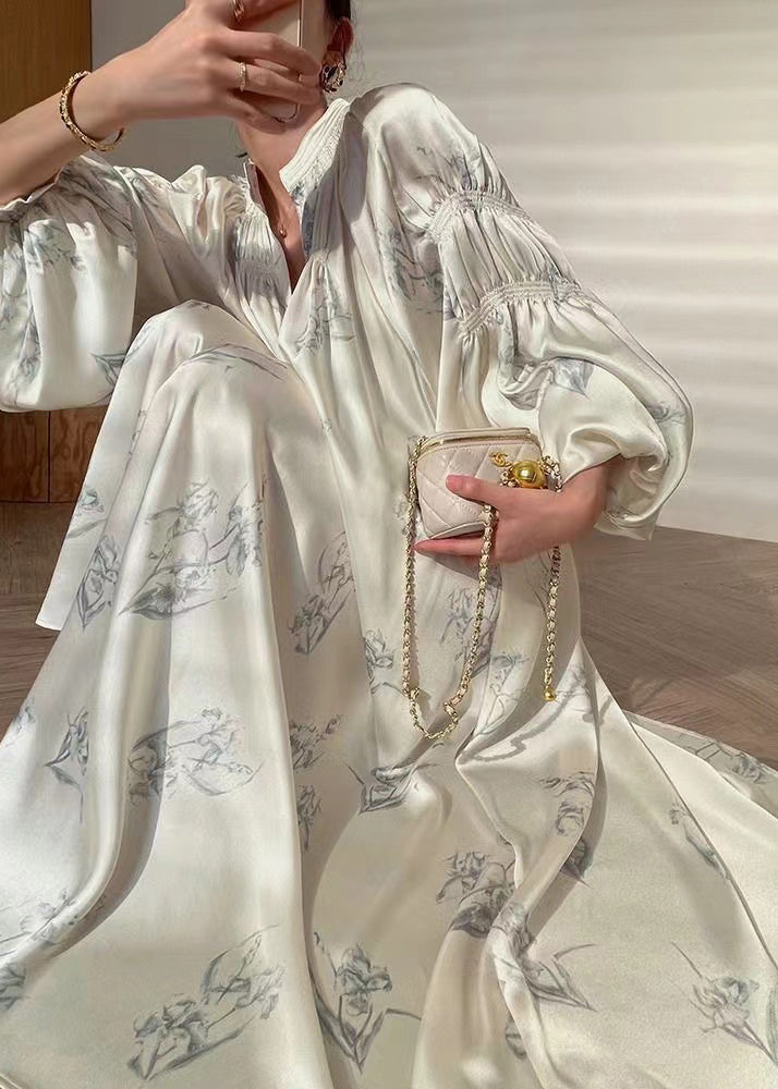 French Beige Print Tie Waist Silk Maxi Dress Long Sleeve AJ1016 shopify