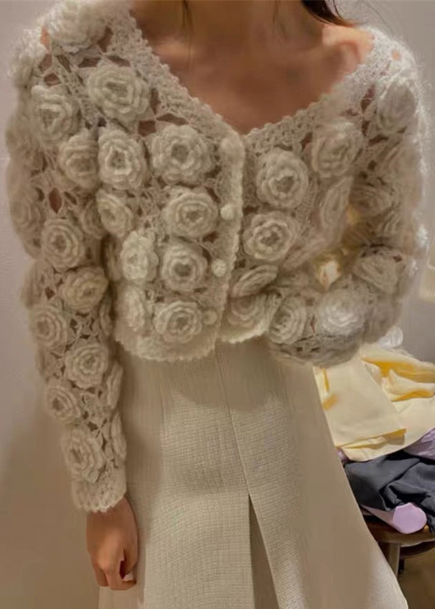 Floral Beige Button Hollow Out Cotton Knit Coats Spring AJ1025 shopify