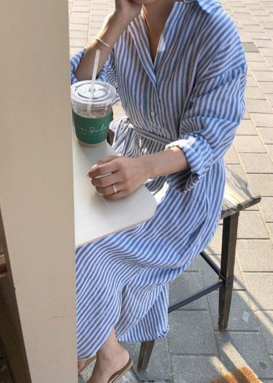 Pan Peter Dress Spring Modern Shirts Blue Collar Striped Cotton FashionChic