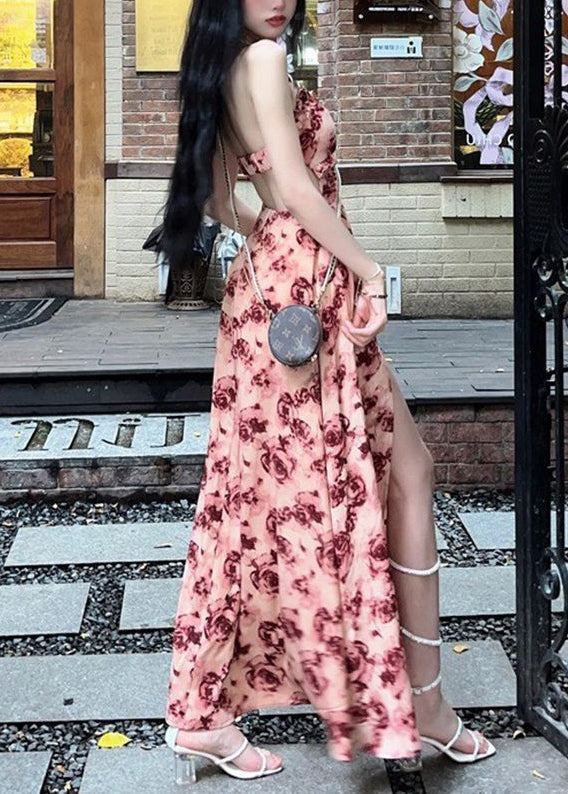 Sexy Red Ruffled Lace Up Print Cotton Long Dresses Sleeveless AZ1050 shopify