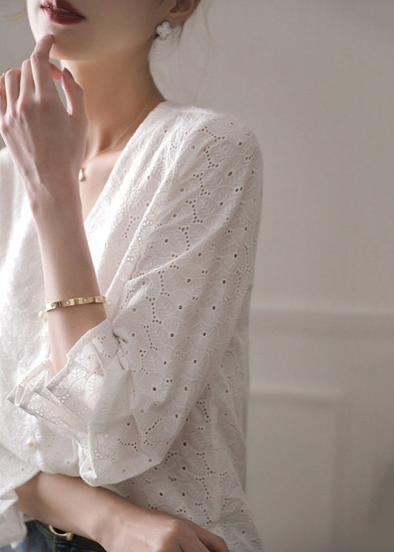 Flare Out French Hollow White V Embroidered Neck Cotton Top FashionChic
