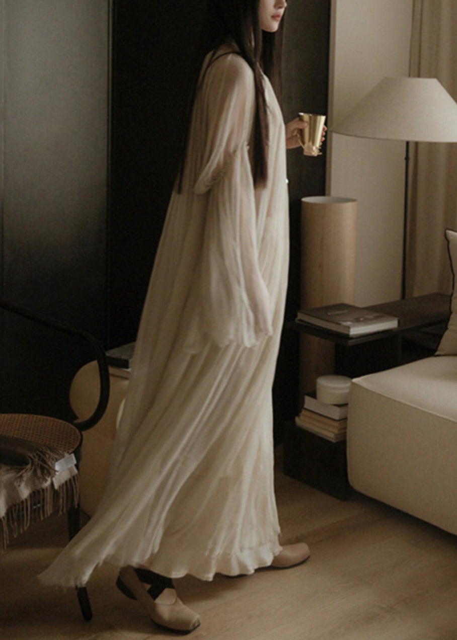 Elegant White Solid Wrinkled Silk Cotton Long Dress Flare Sleeve TT1050 shopify