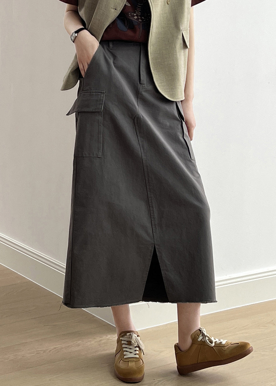 Fine Khaki Pockets High Waist Side Open Cotton Skirt Fall QC024 shopify