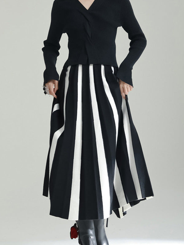 A-line Pleated Retro Skirt Knit Contrast White Color FashionChic