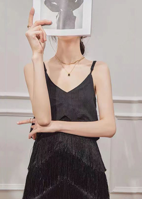 French Black Tasseled Vacation Strap Fishtail Dress Summer AJ1026 shopify