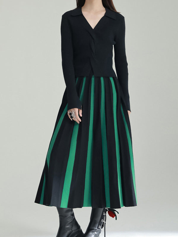 A-line Pleated Retro Skirt Knit Contrast White Color FashionChic