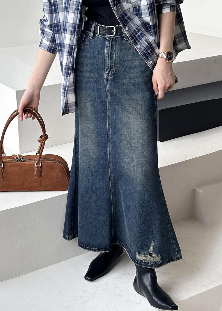 French Blue Hole High Waist Denim Maxi Skirts Fall AF1019 HS-SKTS240914