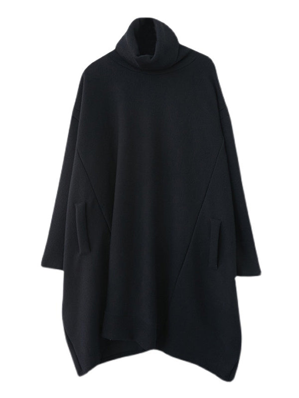 Casual Loose Black Heaps Collar Pockets A-line Long Sleeve Sweater AN1065 Genistyle Shop
