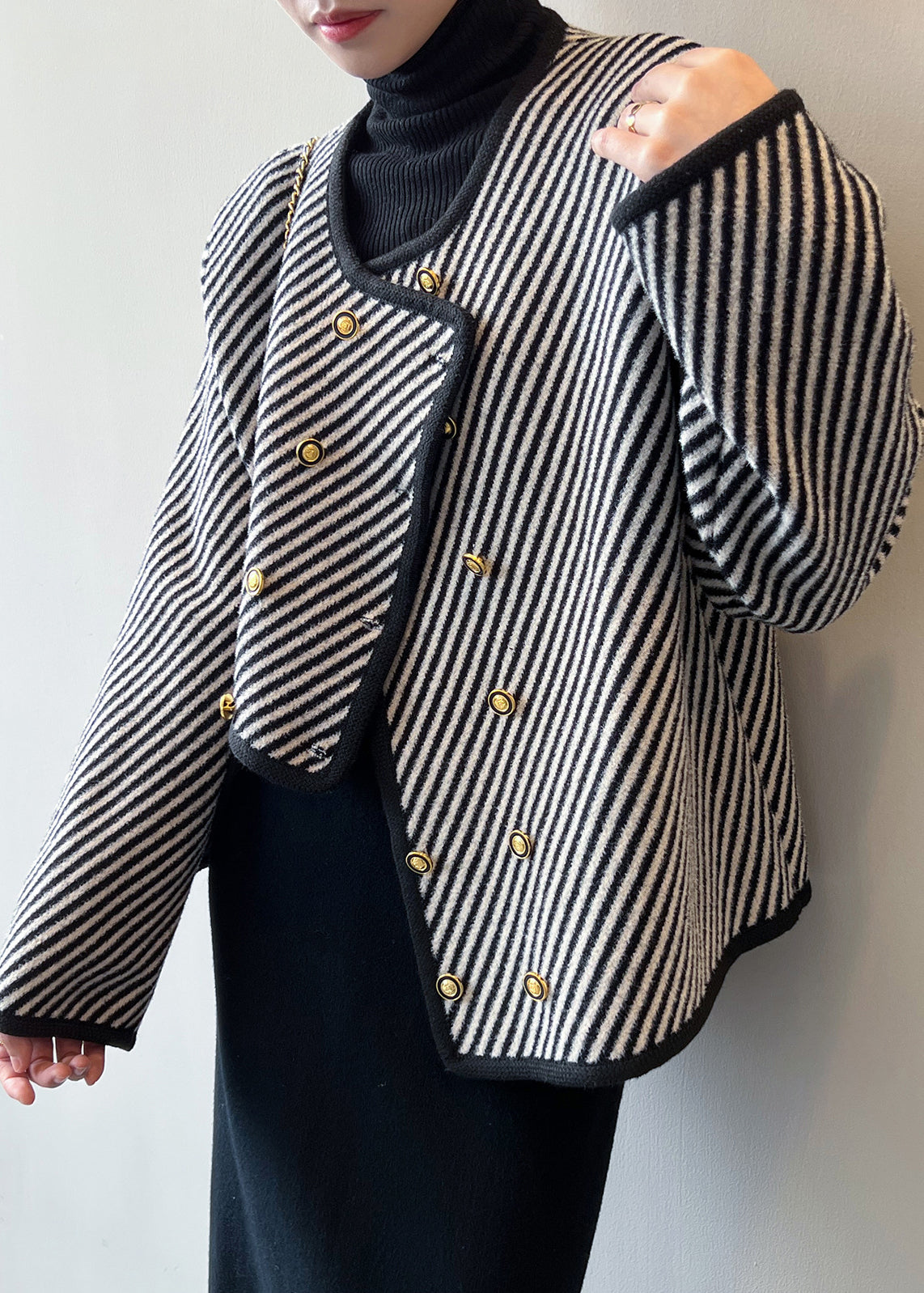 Italian Asymmetrical Striped Double Breast Cotton Coats Fall AF1054 HS-CTS240914