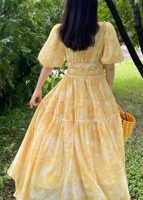 Print Bohemian Long Yellow V Neck Summer Dress Chiffon FashionChic