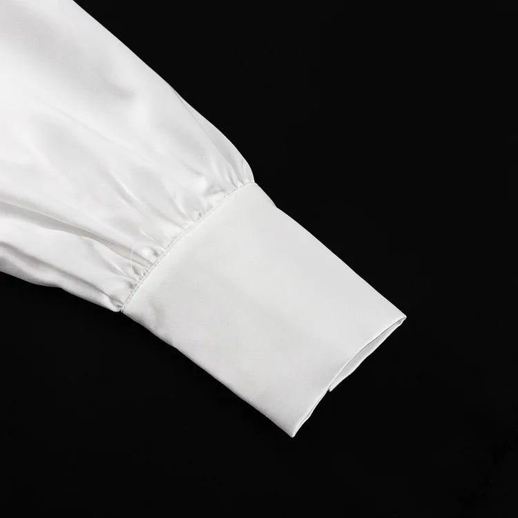 Satin Off Tie Top Sleeve Party Long Shoulder Lapel White with FashionChic