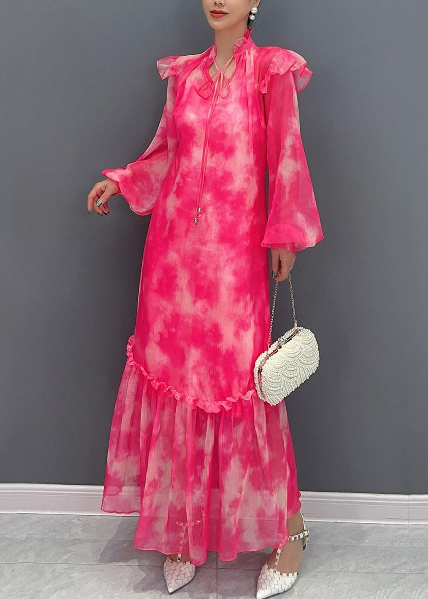 Style Red Stand Collar Ruffled Print Chiffon Maxi Dress Long Sleeve AO1025 JDML-FDL240909