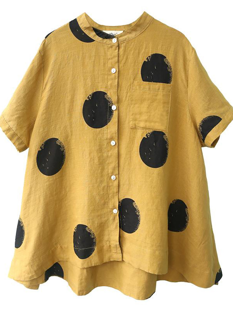 Dot Collar Stand Linen Polka Plus Cotton Size Shirt FashionChic