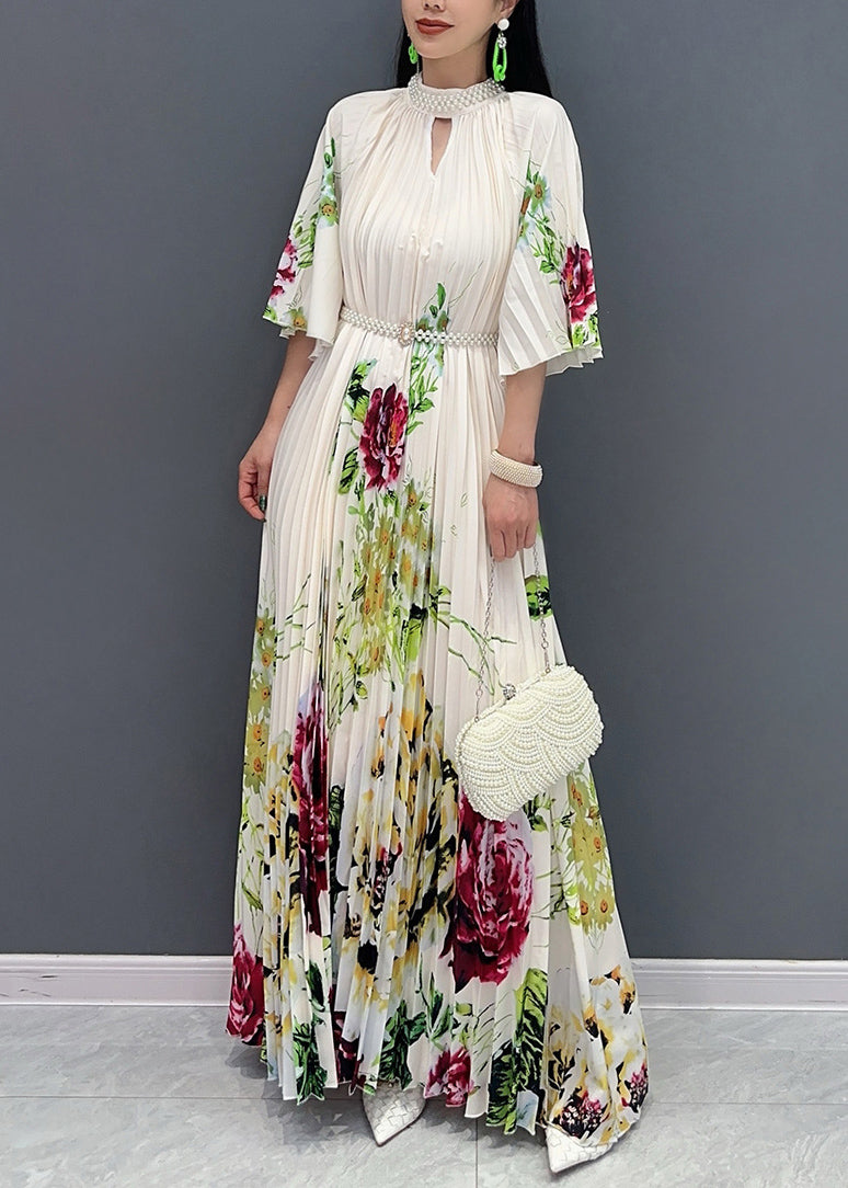 Stylish White Stand Collar Print Maxi Dresses Half Sleeve AO1022 JDML-SDL240909