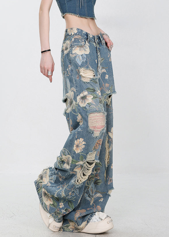 High Hole Print Denim Unique Blue Waist Summer Pants FashionChic
