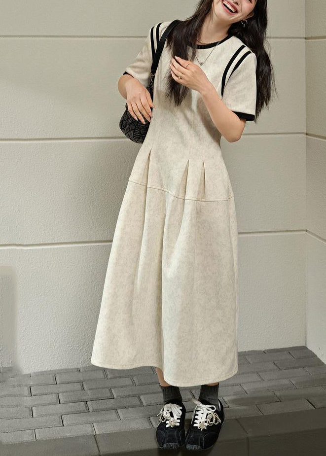 Brief O-Neck Wrinkled Maxi Grey Light Dresses Patchwork Summer FashionChic