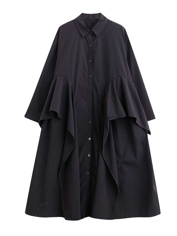 Unique Black Lapel Buttoned Patchwork Ruffle Trim Long Sleeve Dress TW018 ABC