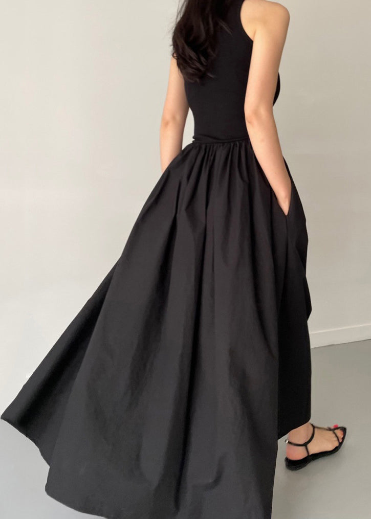 Patchwork Cotton Large Exra Party Hem Dress Sleeveless Black FashionChic