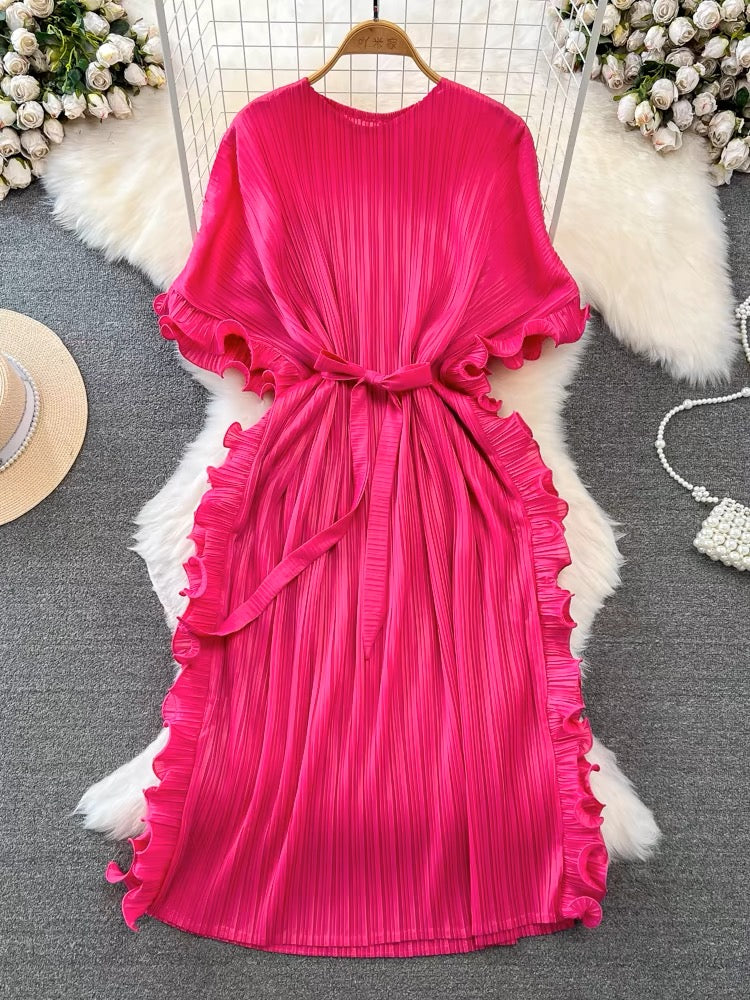 Elegant Apricot Round Neck Pleated Batwing Sleeve Lace-up Dress NN012 Genistyle Shop