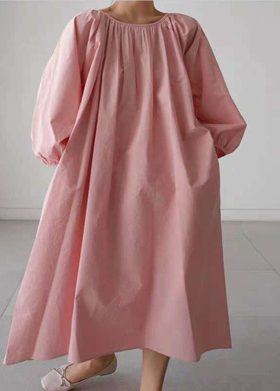 Dress wrinkled O-Neck Pink Maxi Quarter Three Cotton sleeve FashionChic