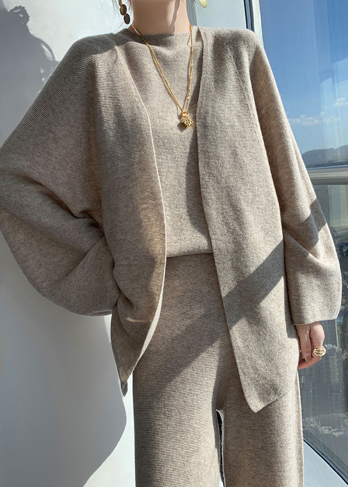 Natural Light Camel V Neck Woolen Cardigan Waistcoat And Wide Leg Pants Three Piece Set Fall WV030 ABC