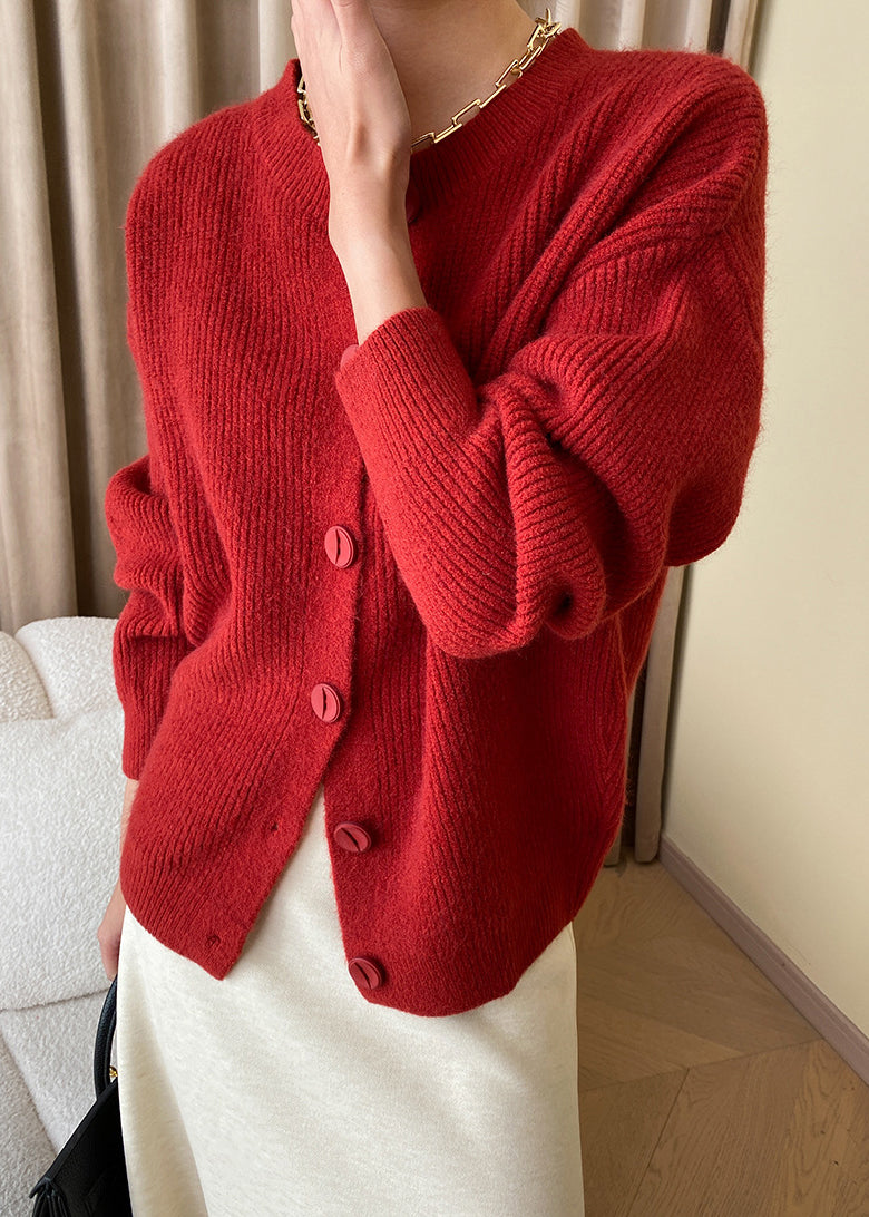 Loose Red Button Solid Knit Coats Fall AF1036 HS-NCT240914