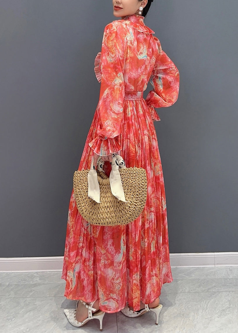 Collar Print Fashion Long Stand Chiffon Sashes Dress Red FashionChic