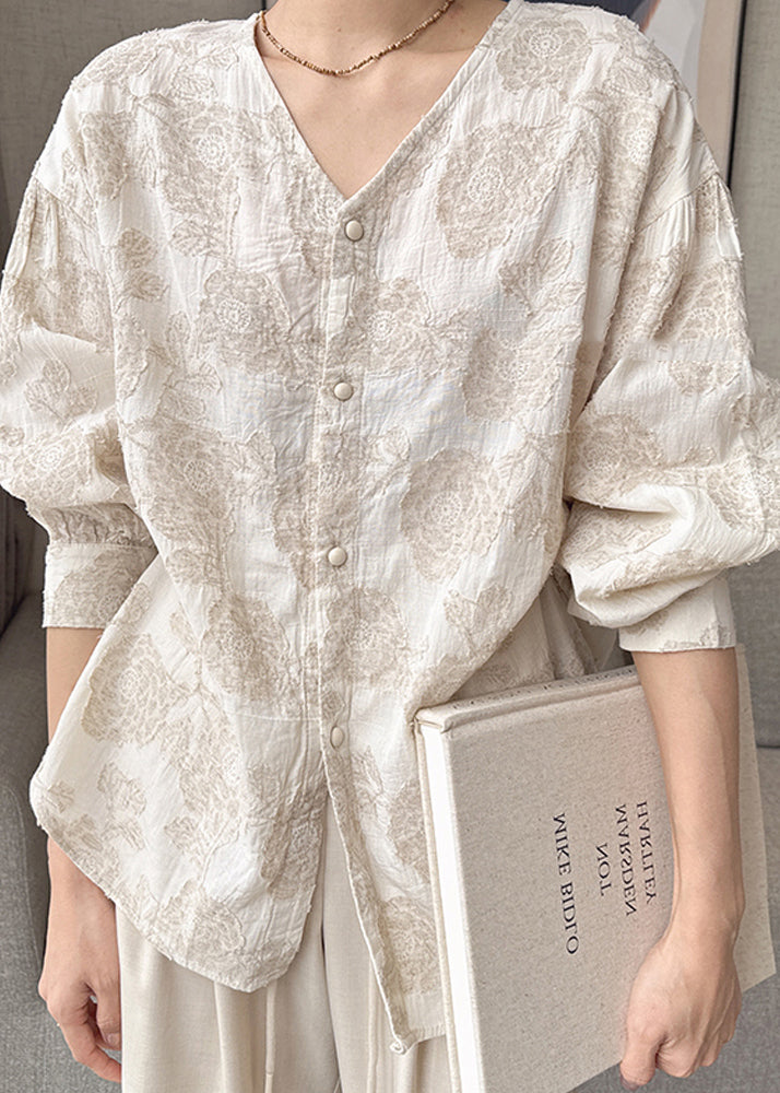 Neck Cotton Spring Apricot Button Jacquard V Casual Shirts FashionChic