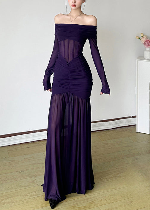 Slash Dresses Stylish Wrinkled Spring Neck Tulle Maxi Purple FashionChic