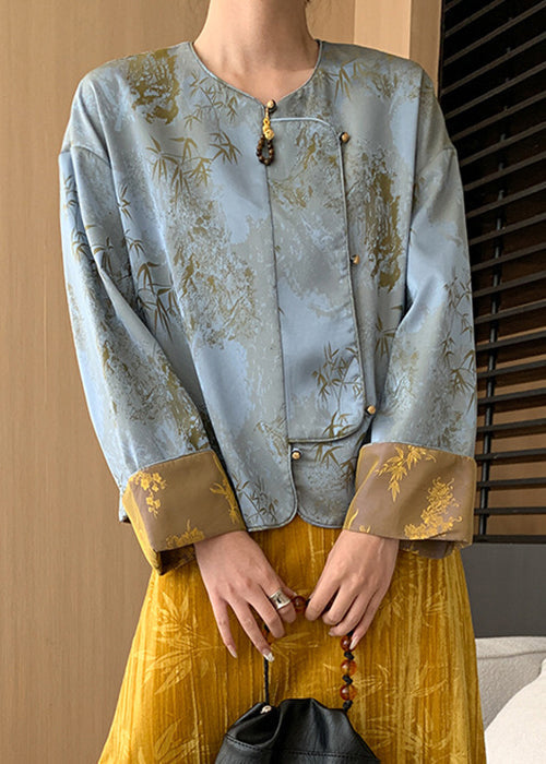 Loose Blue Button Print Silk Coats Long Sleeve AF1087 HS-CTS240914