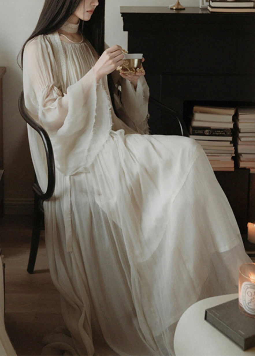 Elegant White Solid Wrinkled Silk Cotton Long Dress Flare Sleeve TT1050 shopify
