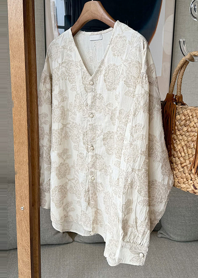 Neck Cotton Spring Apricot Button Jacquard V Casual Shirts FashionChic