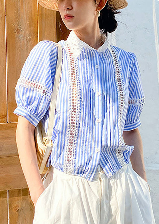 Out Blue Striped Cotton Summer Hollow Fashion Blouses FashionChic