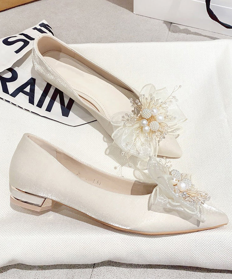 Apricot Splicing Feet Toe Shoes Nail Pointed Flat Bead Bow FashionChic