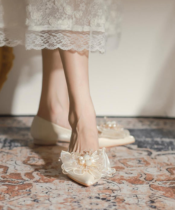 Apricot Splicing Feet Toe Shoes Nail Pointed Flat Bead Bow FashionChic