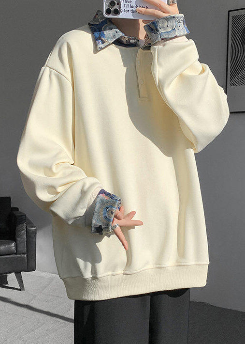 Apricot Woolen Peter Two False Pan Pieces Button Mens Sweatshirt FashionChic