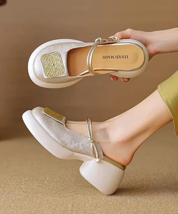 Faux Sandals Splicing Heel Leather Chunky Apricot Slide New FashionChic