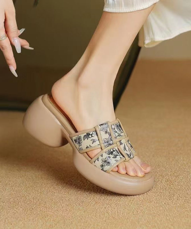 Slide Heel Chunky Cowhide Sandals Leather Apricot Splicing FashionChic