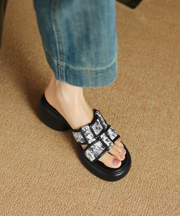 Slide Heel Chunky Cowhide Sandals Leather Apricot Splicing FashionChic