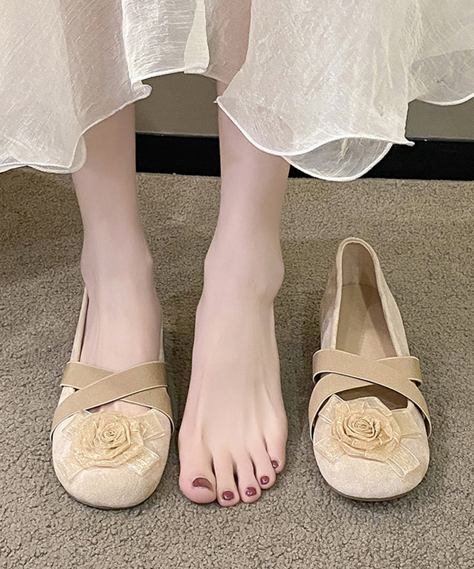 Flat Apricot Cross Feet Floral Splicing Suede Strap Shoes FashionChic