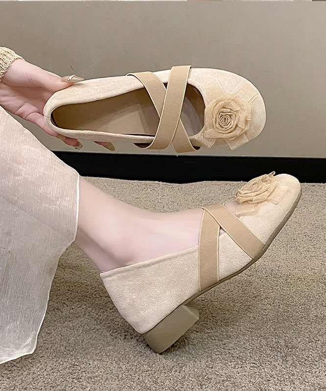 Flat Apricot Cross Feet Floral Splicing Suede Strap Shoes FashionChic