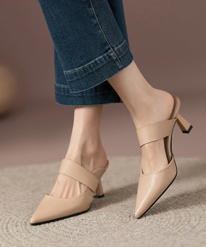 Pointed Apricot Faux Slide High Leather Heels Toe Fine Sandals FashionChic