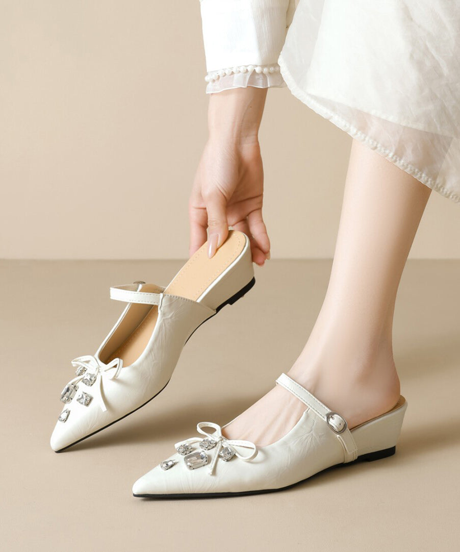 Pointed Apricot Splicing Slide Toe Sandals Faux Leather Zircon FashionChic