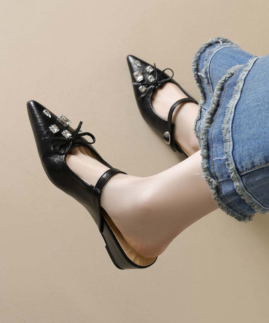 Pointed Apricot Splicing Slide Toe Sandals Faux Leather Zircon FashionChic