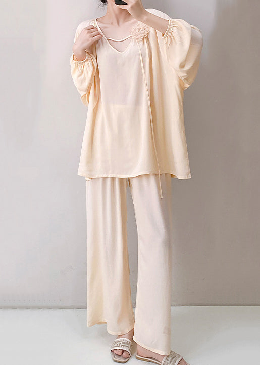 Oversized Fall Two Pajamas Apricot Cotton Set Pieces Solid V Neck FashionChic