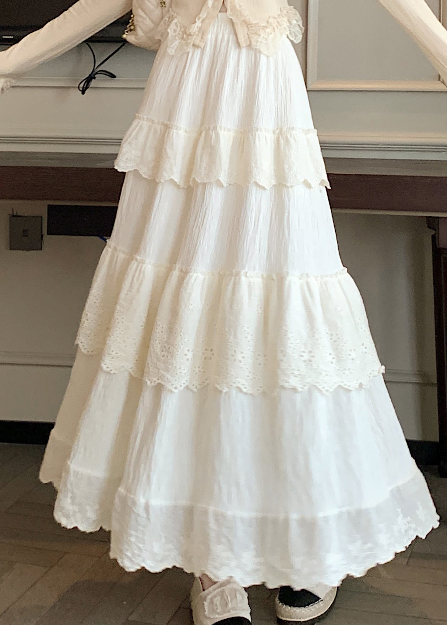 Apricot Patchwork Cotton Skirt Elastic Waist Wrinkled Summer QQ1023 Ada Fashion