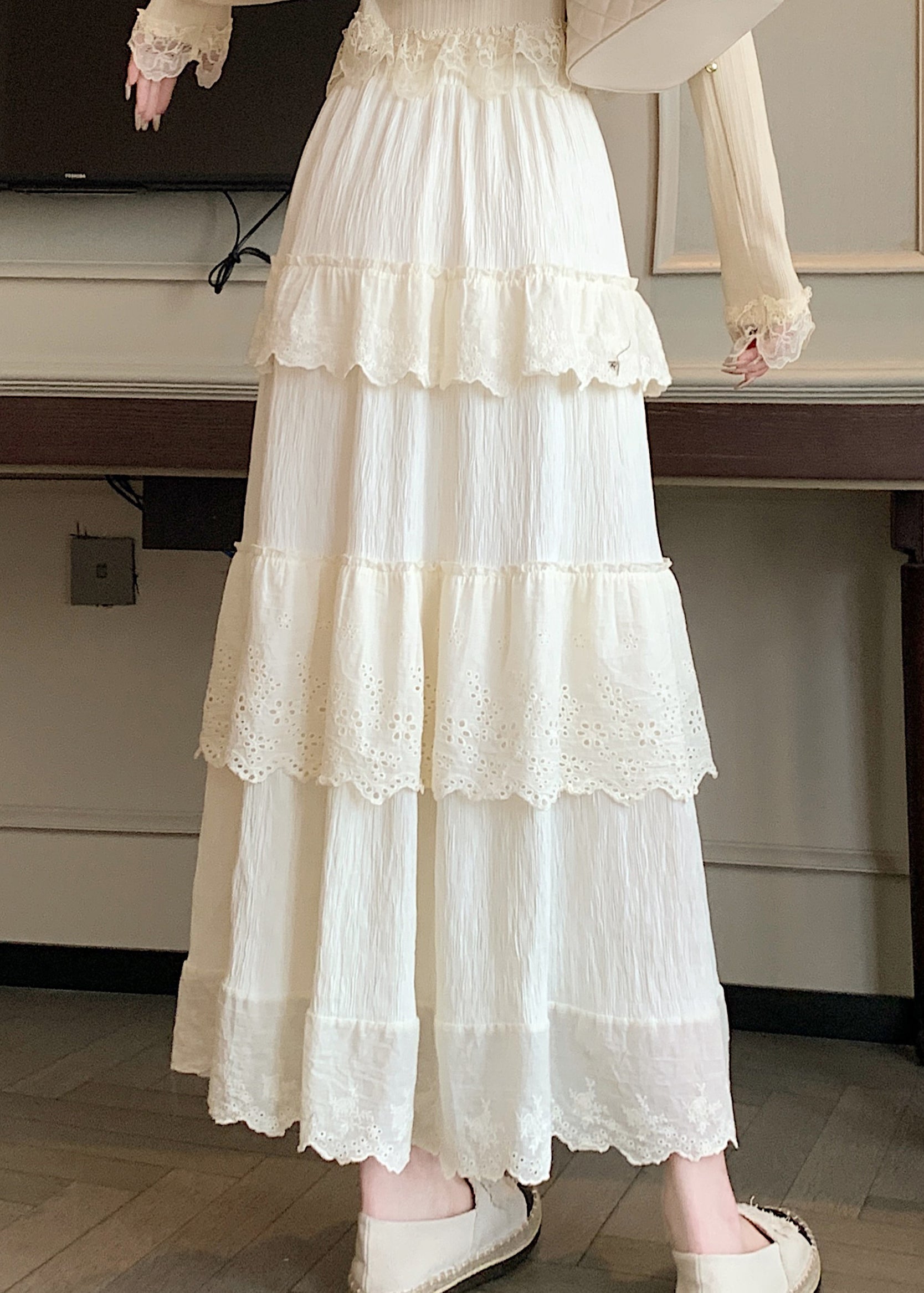 Apricot Patchwork Cotton Skirt Elastic Waist Wrinkled Summer QQ1023 Ada Fashion