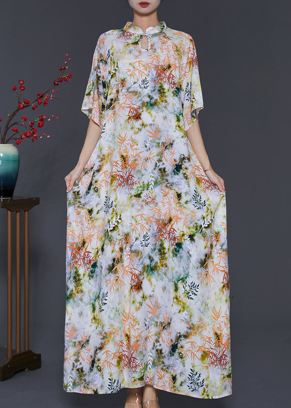 Apricot Print Cotton Cheongsam Dress Mandarin Collar Summer SD1019 Ada Fashion