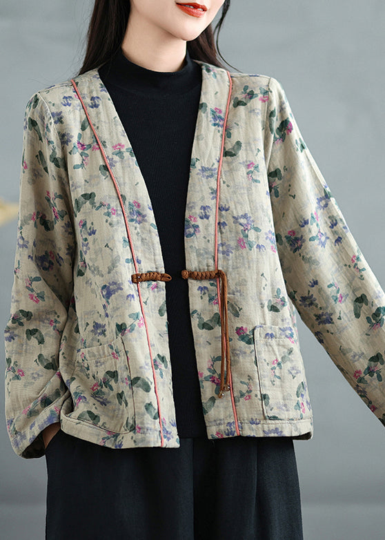 Apricot Print Pockets Cotton Fall Coats V Neck QG041 OM-CTS241016