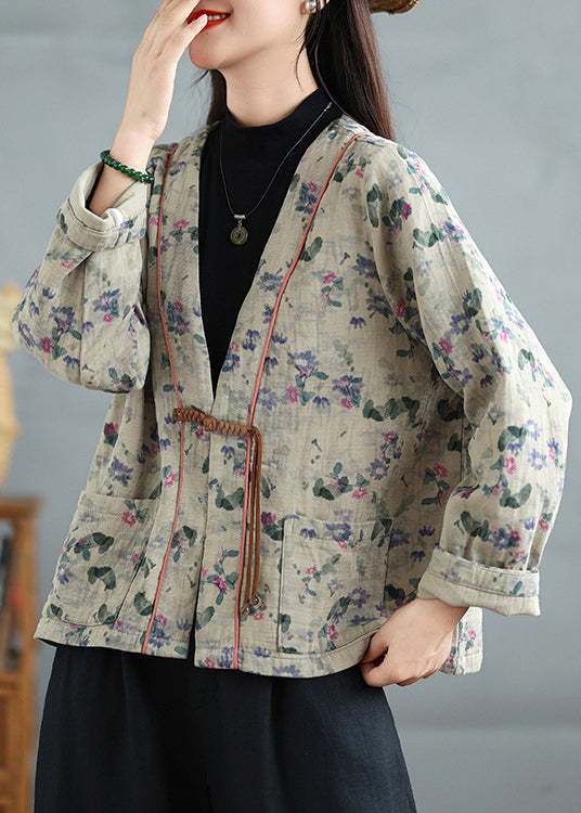 Apricot Print Pockets Cotton Fall Coats V Neck QG041 OM-CTS241016